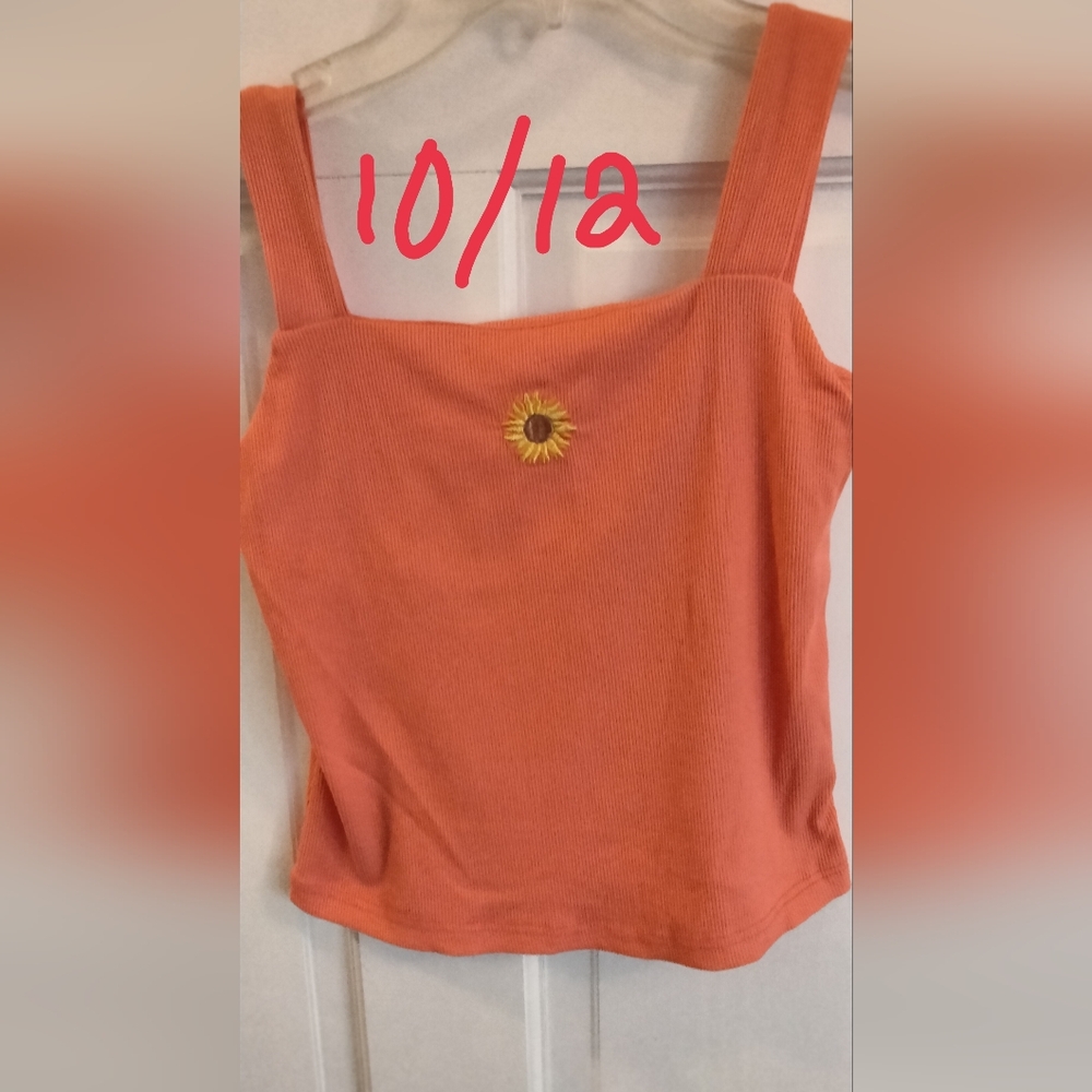 No Comment Kids Orange Tank Top with Sunflower Embroidery